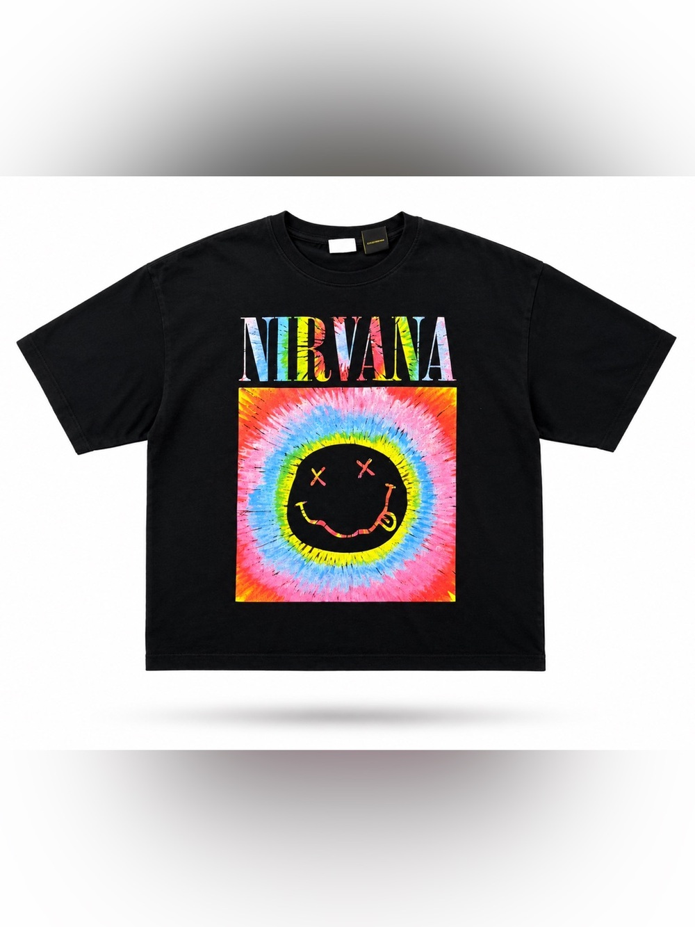 NIRVANA Black Tee with Multicolor Tie-Dye Smiley